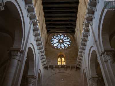 Percorriamo la navata centrale, costeggiata da colonne con capitelli scolpiti con motivi vegetali, animali e figure umane e sovrastata, come il transetto, da una volta a capriate in legno